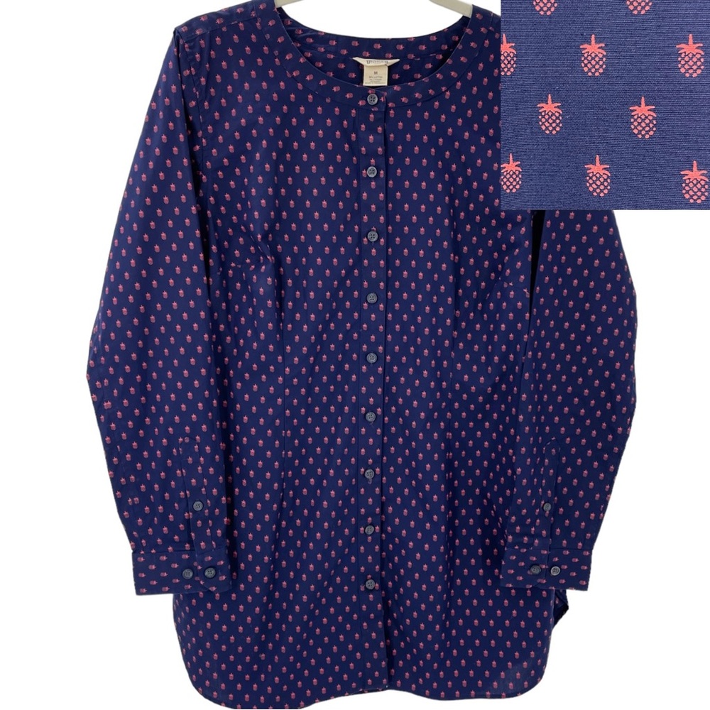 Women's Navy Button-Up Top with Pineapple Print